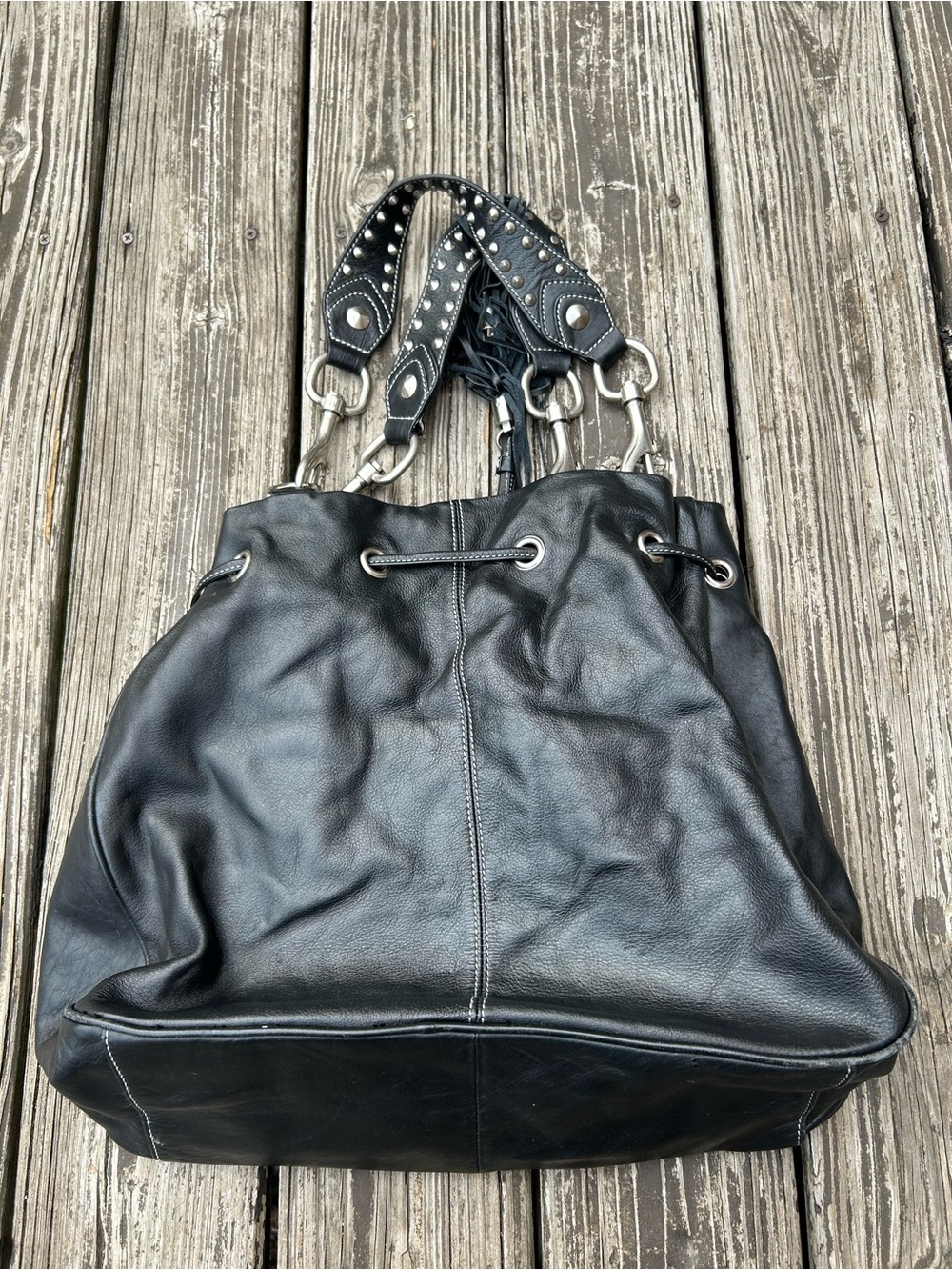 Vintage Y2K Studded Heart Black Leather Betsy Johnson Bag - Picture 2 of 8
